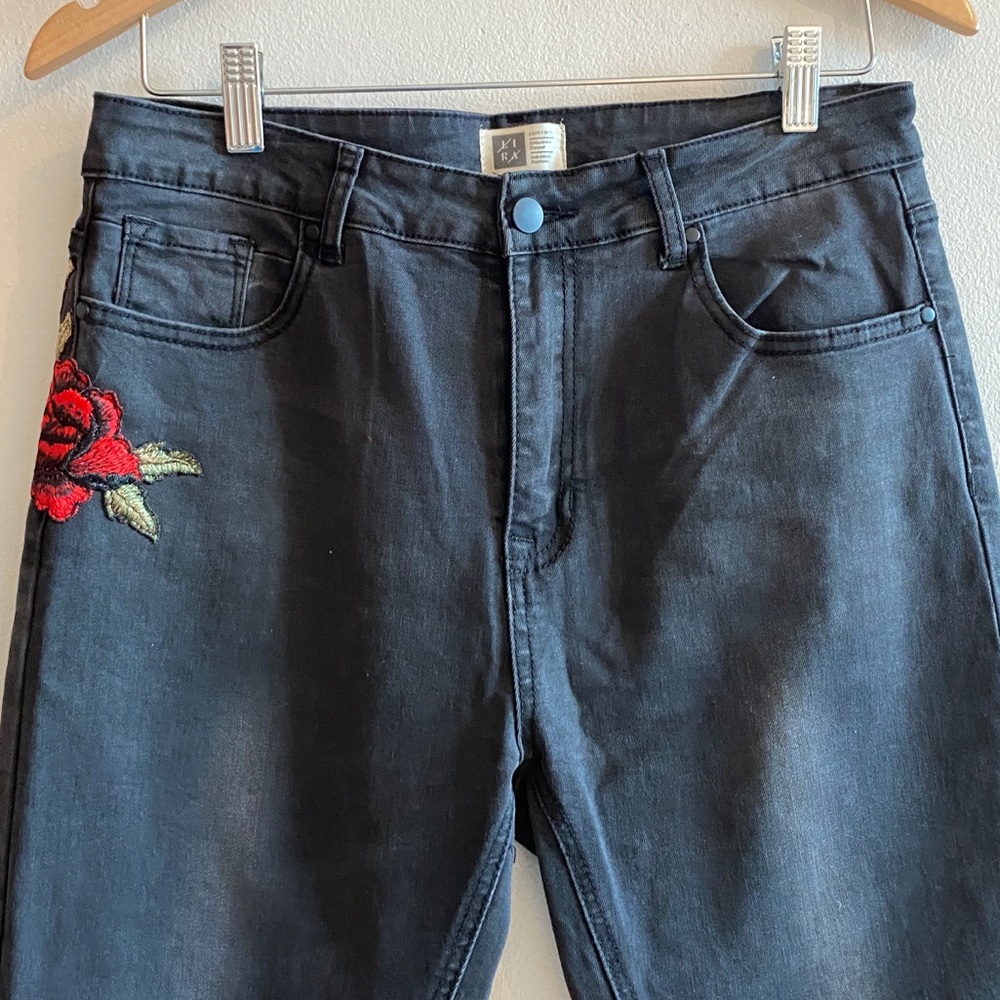 Black Jeans with Red Floral Rose Embroidery
